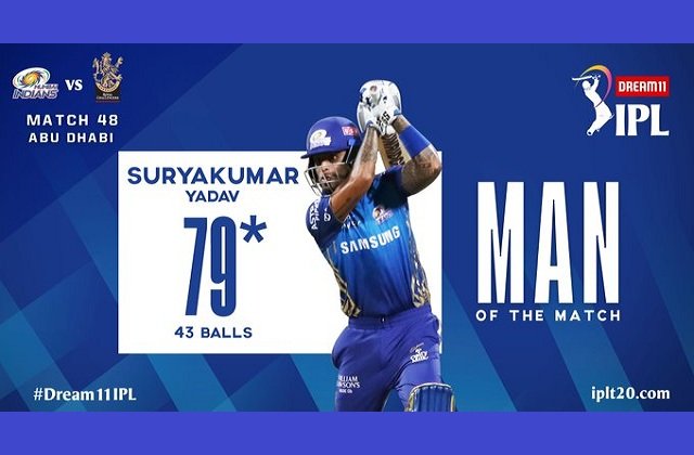 ipl-13-highlights mumbai-indians-beat-royal-challengers-bangalore-by-5-wicket man-of-the-match-suryakumar-yadav, Highlights MIvRCB : यादव की शानदार बल्लेबाजी से मुंबई की आसान जीत, प्लेऑफ में मुंबई