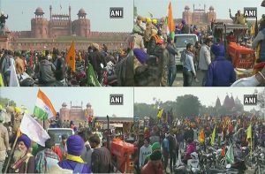 Farmers' tractor rally on-republic-day-chaotic-Red Fort farmers wave flag