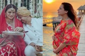 दीया मिर्जा ने शादी के डेढ़ महीने बाद ही अपना बेबी बंप फ्लॉन्ट कर प्रेग्नेंसी का ऐलान सोशल मीडिया पर किया है।
