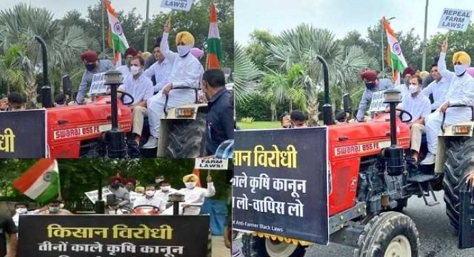 कृषि कानून के विरोध में किसान संदेश के साथ राहुल गांधी का ट्रैक्टर मार्च