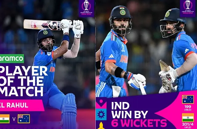 ICC-Cricket-World-Cup-2023 aus-vs-ind 5th-match india-beat-australia-by-6 wickets-rahul-virat-kohli-ravindra-jadeja-shines,