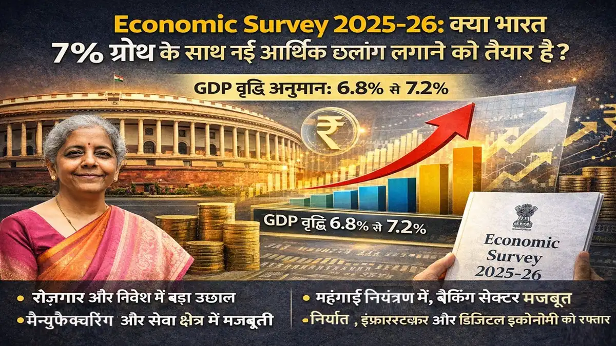 Economic Survey 2025-26 Highlightsमें भारत की GDP ग्रोथ 6.8% से 7.2% के बीच रहने का अनुमान, निर्मला सीतारमण के साथ अर्थव्यवस्था का ग्राफ