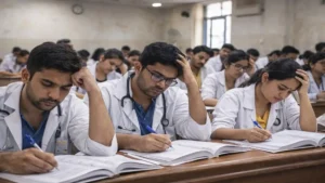 NEET PG परीक्षा की तैयारी करते भारतीय मेडिकल छात्र, कक्षा में तनावग्रस्त माहौल