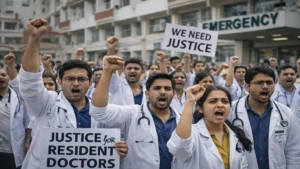 अस्पताल के बाहर सफेद कोट पहने रेजिडेंट डॉक्टर विरोध प्रदर्शन करते हुए