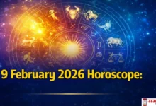 9 फरवरी 2026 राशिफल ग्राफिक जिसमें राशि चक्र और ज्योतिषीय प्रतीकों के साथ आज का भविष्य दर्शाया गया है।