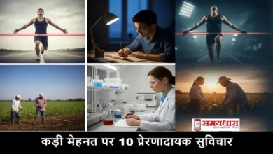 बुधवार के प्रेरक विचार (Wednesday Thoughts in Hindi) - कड़ी मेहनत और सफलता को दर्शाती चार अलग-अलग तस्वीरें जिसमें एथलीट, छात्र, किसान और वैज्ञानिक दिखाए गए हैं।