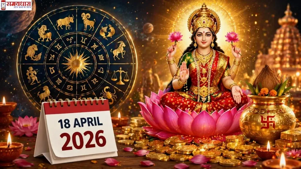 18 April 2026 Horoscope और अक्षय तृतीया के शुभ प्रभाव को दर्शाता चित्र, जिसमें मां लक्ष्मी, राशि चक्र और सोने के सिक्के दिखाई दे रहे हैं
