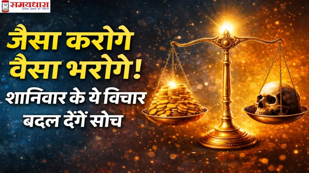 Saturday Thoughts in Hindi पर आधारित इमेज जिसमें “जैसा करोगे वैसा भरोगे” संदेश के साथ तराजू में कर्म और उसके परिणाम को दिखाया गया है