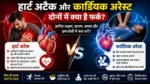 Difference Between Heart Attack and Cardiac Arrest-हार्ट अटैक और कार्डियक अरेस्ट के बीच अंतर दिखाती हिंदी मेडिकल इन्फोग्राफिक, जिसमें लक्षण, कारण और CPR की जानकारी दी गई है।