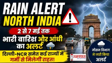 Rain Alert North India showing heavy rain and storm in Delhi NCR with lightning and traffic scene