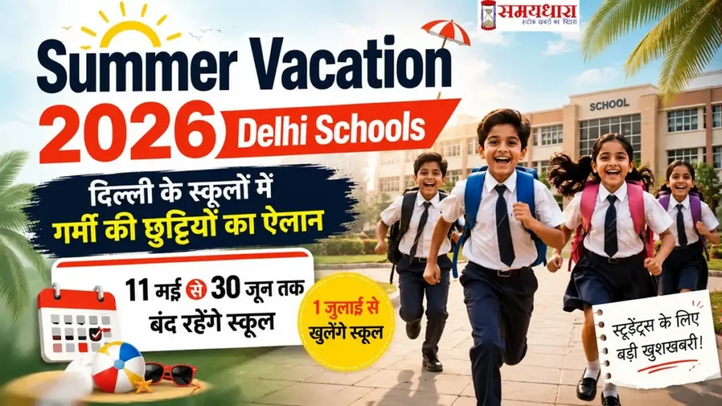 Summer Vacation 2026 Delhi Schools feature image showing happy school students with announcement of summer holidays from 11 May to 30 June in Delhi schools.
