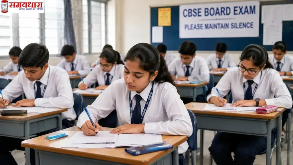 CBSE बोर्ड परीक्षा के दौरान क्लासरूम में बैठे छात्र उत्तर पुस्तिका लिखते हुए दिखाई दे रहे हैं।