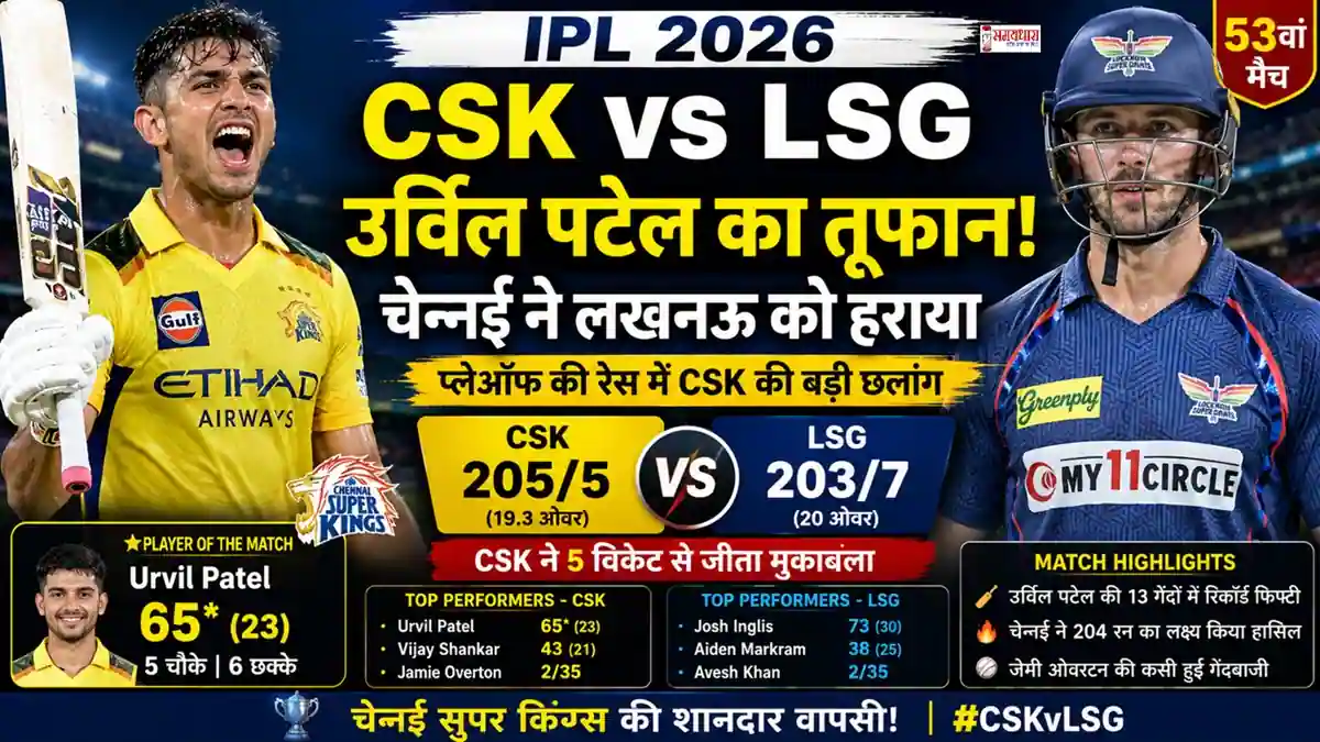CSK vs LSG IPL 2026 मैच में उर्विल पटेल की विस्फोटक बल्लेबाजी और चेन्नई की शानदार जीत