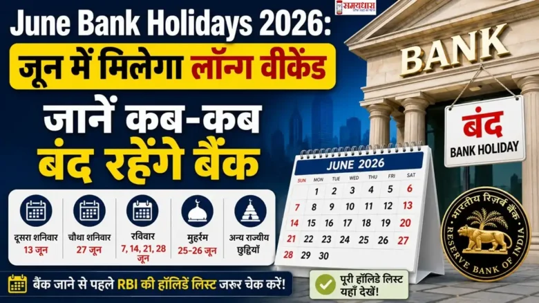 June Bank Holidays 2026 इमेज जिसमें जून महीने की बैंक छुट्टियों, लॉन्ग वीकेंड और RBI हॉलिडे लिस्ट की जानकारी दिखाई गई है।