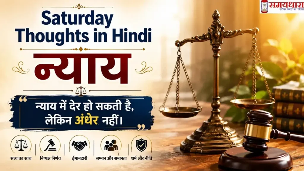 Saturday Thoughts in Hindi on Nyay इमेज जिसमें न्याय का तराजू, गैवल और न्याय पर प्रेरणादायक विचार दर्शाए गए हैं।