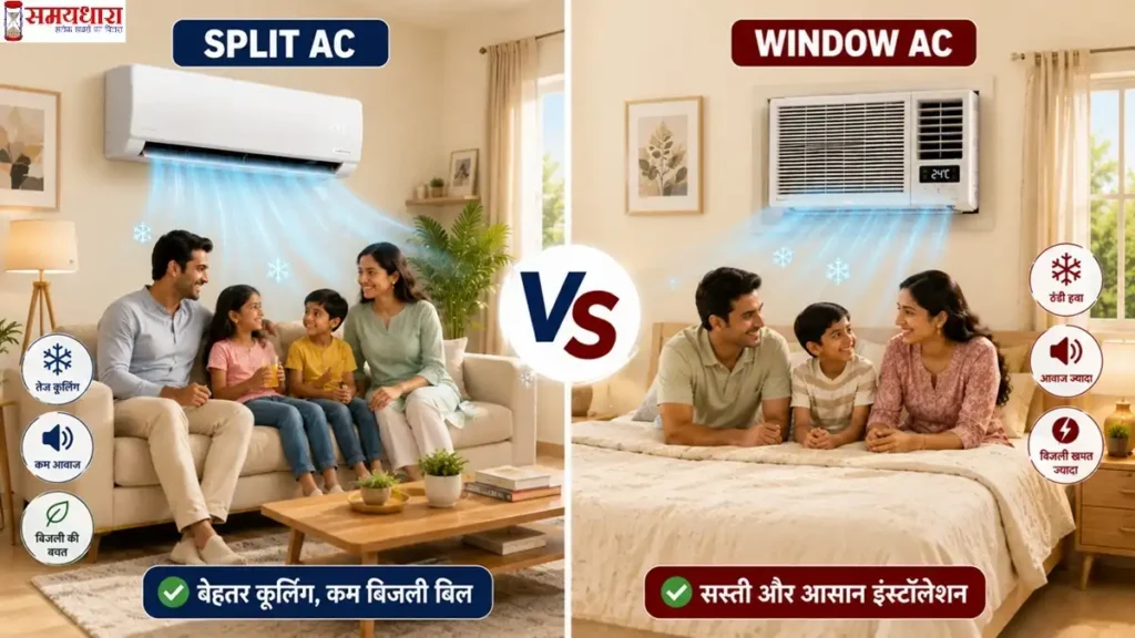 Split AC vs Window AC comparison with family enjoying cooling in cream background room