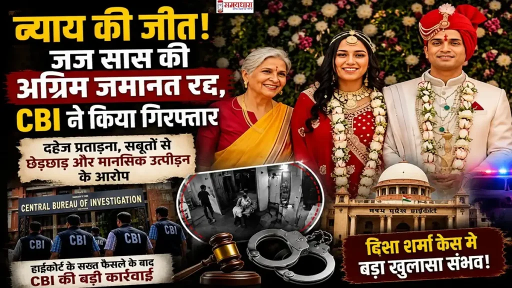 Twisha Sharma CBI Case फीचर इमेज जिसमें ट्विशा शर्मा, उनका पति, जज सास, CBI जांच और हाईकोर्ट कार्रवाई को दिखाया गया है।