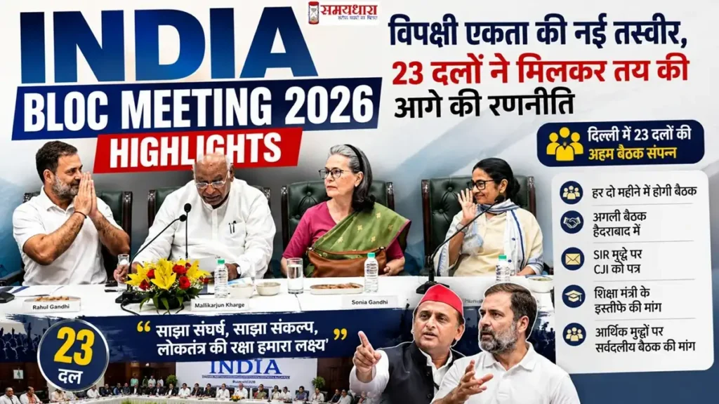 INDIA Bloc Meeting 2026 Highlights की फीचर इमेज, जिसमें राहुल गांधी, अखिलेश यादव, मल्लिकार्जुन खरगे, सोनिया गांधी, ममता बनर्जी समेत विपक्षी नेताओं को दिल्ली में आयोजित बैठक के दौरान रणनीति पर चर्चा करते हुए दिखाया गया है।