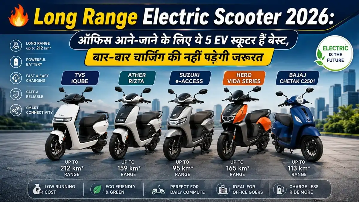 Long Range Electric Scooter 2026 comparison image featuring TVS iQube, Ather Rizta, Suzuki e-Access, Hero Vida Series and Bajaj Chetak C2501 for daily office commute in India.