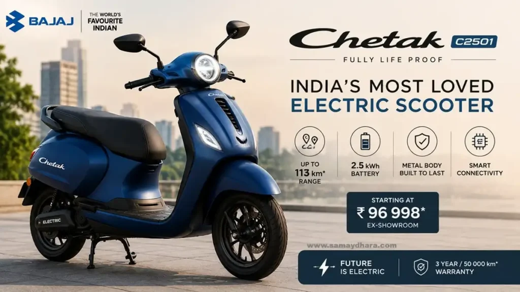 Bajaj Chetak C2501 electric scooter with premium metal body, smart features and long-range battery performance for daily commuting in India – Long Range Electric Scooter 2026