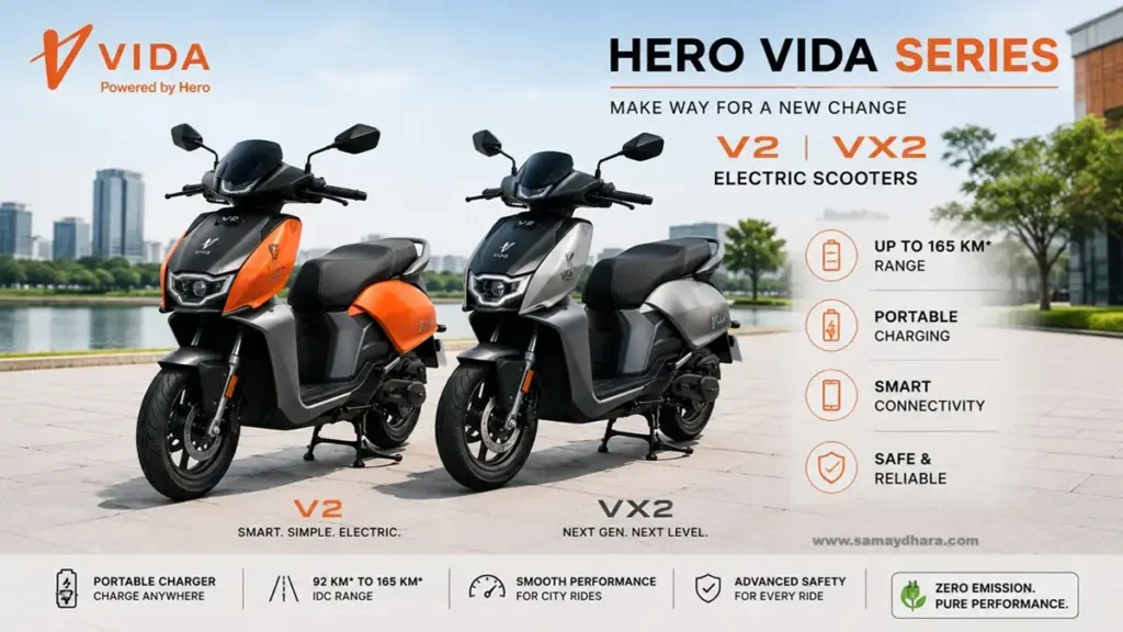 Hero Vida Series electric scooters V2 and VX2 showcasing smart features, portable charging and long-range performance for daily commuting in India – Long Range Electric Scooter 2026