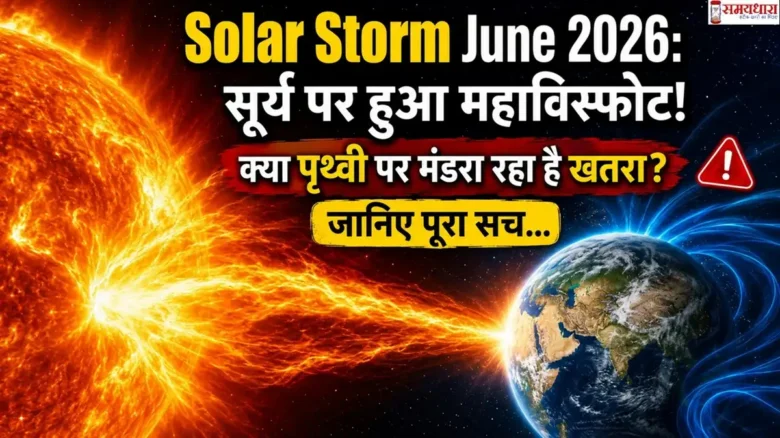 Solar Storm June 2026 के दौरान सूर्य पर हुए महाविस्फोट का दृश्य, पृथ्वी की ओर बढ़ता शक्तिशाली सोलर स्टॉर्म और अंतरिक्ष में संभावित खतरे को दर्शाती तस्वीर।