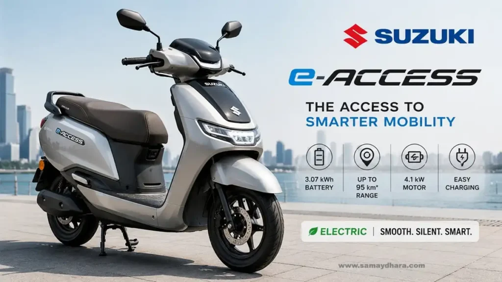 Suzuki e-Access electric scooter 2026 featuring modern design, smart mobility features and efficient battery performance for daily city commuting.