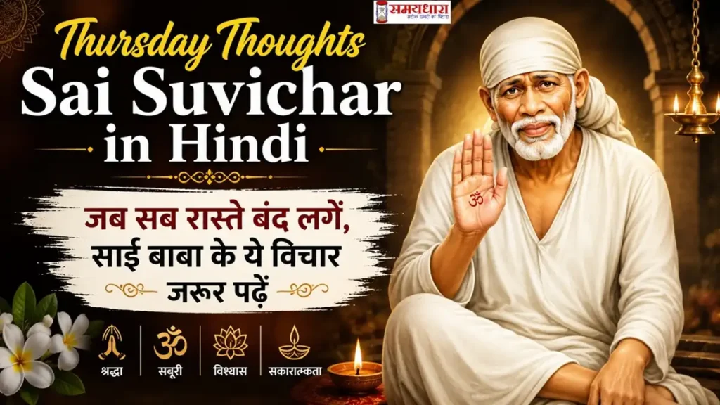 Thursday Thoughts Sai Suvichar in Hindi फीचर इमेज में साईं बाबा का दिव्य स्वरूप, श्रद्धा और सबूरी का संदेश देते हुए, जीवन में आशा, विश्वास और सकारात्मकता का मार्ग दिखाते हुए।