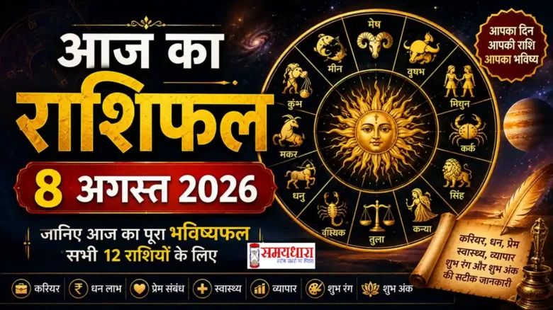 Aaj Ka Rashifal 8 August 2026 में सभी 12 राशियों का आज का राशिफल, करियर, धन, प्रेम, स्वास्थ्य, शुभ रंग और शुभ अंक की जानकारी।
