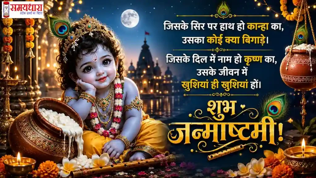 Janmashtami 2026 Wishes भगवान कृष्ण के चरणों और दीपों से सजी जन्माष्टमी शुभकामना तस्वीर