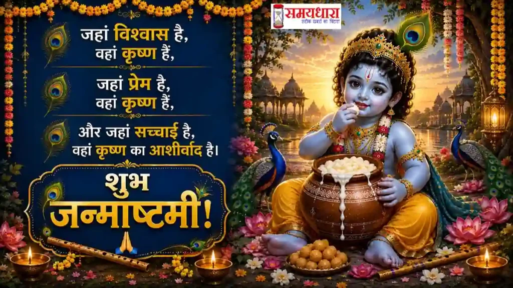 Janmashtami 2026 Wishes माखन की मटकी के साथ नटखट बाल कृष्ण की जन्माष्टमी इमेज