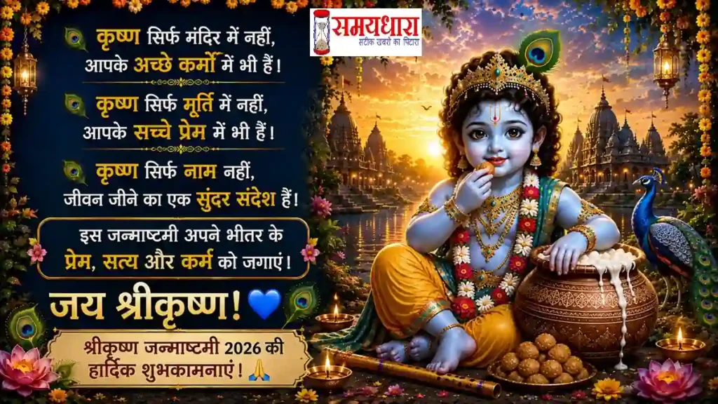 Janmashtami 2026 Wishes दीपक और फूलों से सजे कृष्ण मंदिर की जन्माष्टमी शुभकामना तस्वीर