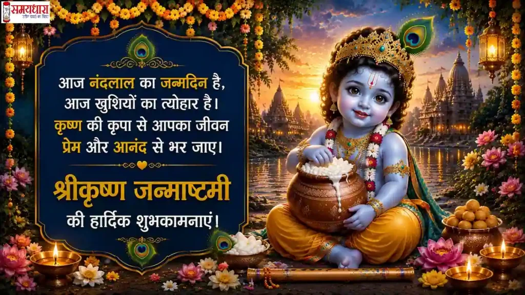 Janmashtami 2026 Wishes बांसुरी और मोरपंख के साथ कृष्ण भक्ति की सुंदर जन्माष्टमी तस्वीर