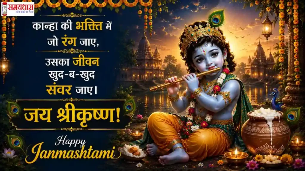Janmashtami 2026 Wishes फूलों की सजावट और दीपकों के बीच बाल कृष्ण की Janmashtami Wishes तस्वीर