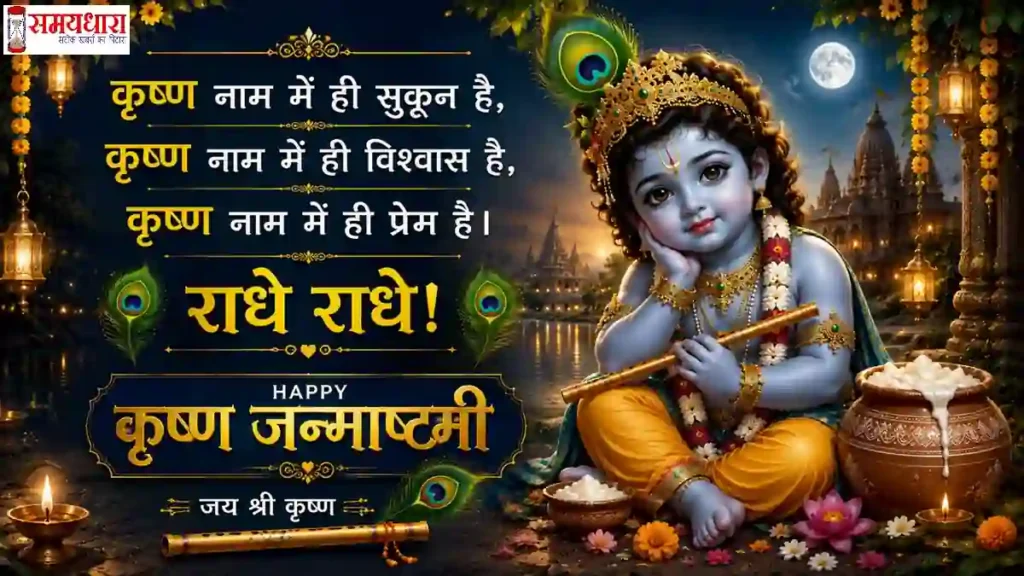 Janmashtami 2026 Wishes मोरपंख मुकुट पहने भगवान कृष्ण की दिव्य जन्माष्टमी शुभकामना इमेज