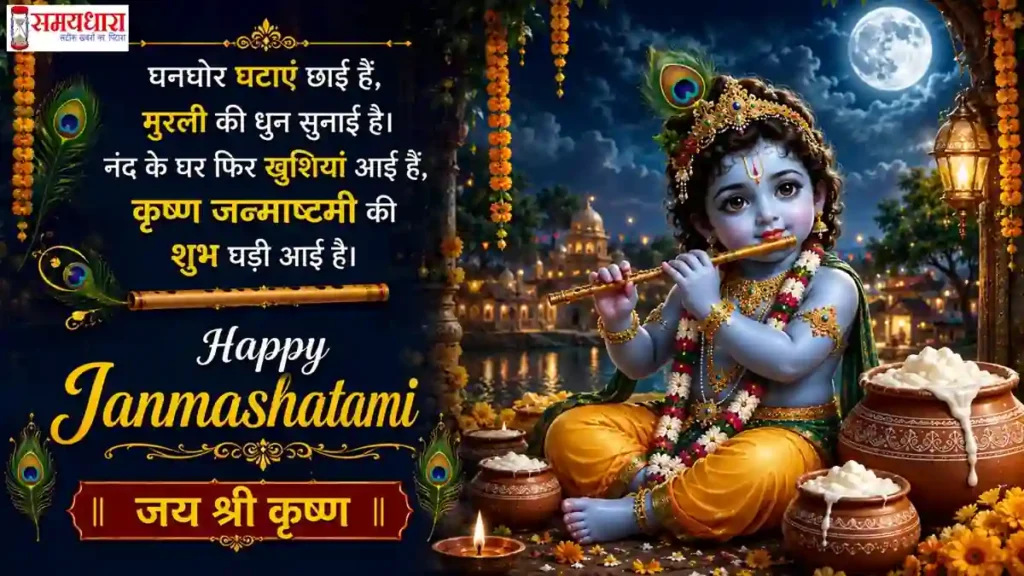 Janmashtami 2026 Wishes कृष्ण भक्ति से सजी फूलों और दीपकों वाली Janmashtami 2026 इमेज