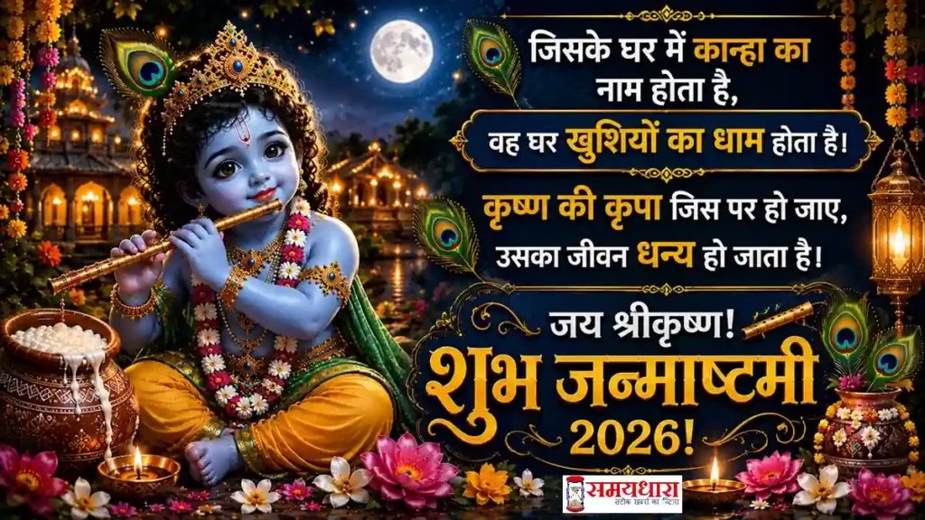 Janmashtami 2026 Wishes श्री कृष्ण बांसुरी बजाते हुए जन्माष्टमी की शुभकामना देते हुए