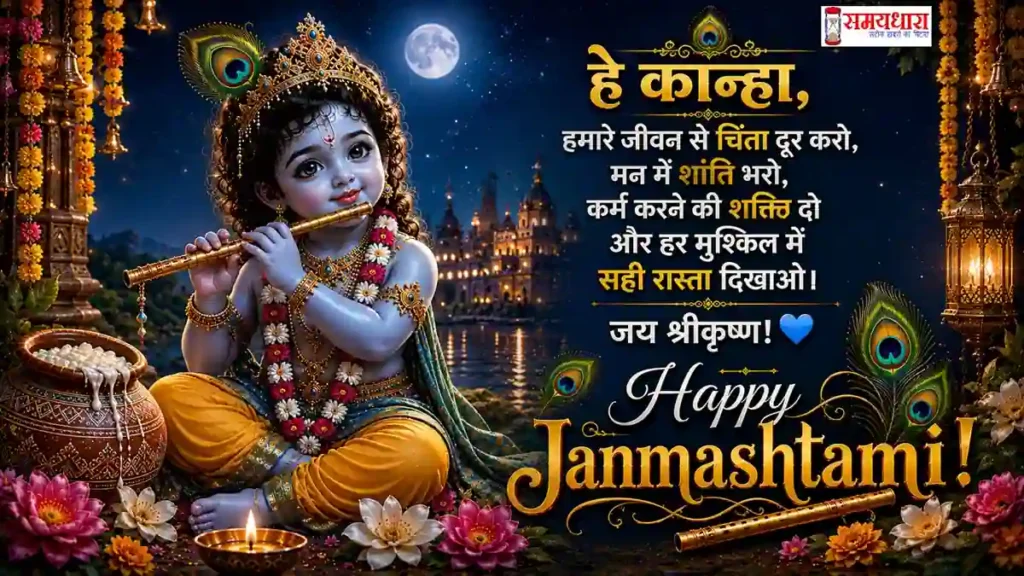 Janmashtami 2026 Wishes मोरपंख और बांसुरी के साथ भगवान श्रीकृष्ण की जन्माष्टमी शुभकामना