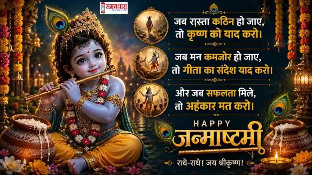 Janmashtami 2026 Wishes फूलों और दीपों से सजे मंदिर में बाल कृष्ण की जन्माष्टमी तस्वीर