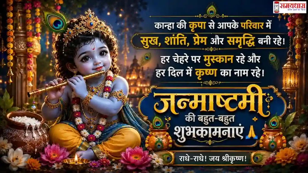 Janmashtami 2026 Wishes भगवान कृष्ण के मुकुट और मोरपंख वाली जन्माष्टमी 2026 शुभकामना छवि