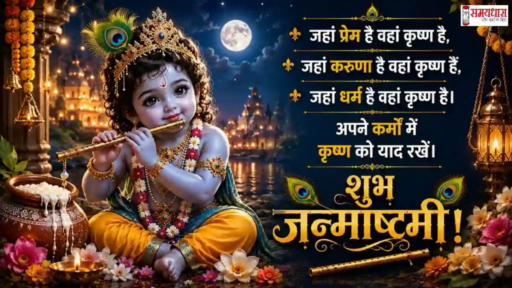 Janmashtami 2026 Wishes भगवान श्रीकृष्ण की बांसुरी और मोरपंख के साथ भक्तिमय जन्माष्टमी पोस्टर